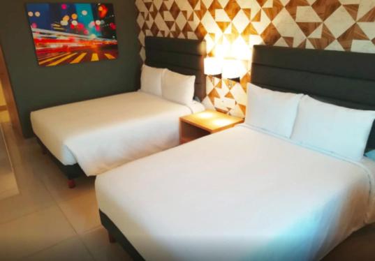 韦拉克鲁斯厄尔板酒店的酒店客房设有两张床,墙上挂着一张照片。
