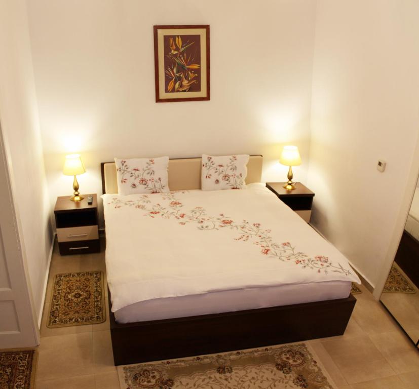 布拉索夫Casa Graef的一间卧室配有一张大床和两盏灯