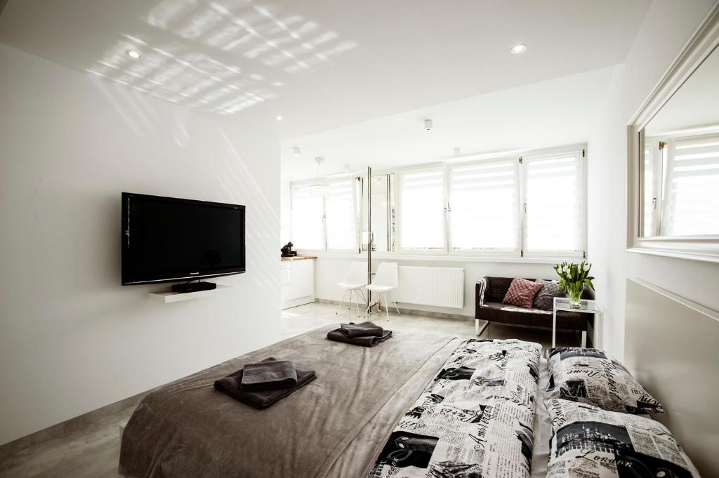 杰尔若纽夫Super komfortowe mieszkanie - MTB Narty Góry Sowie的客厅配有大床和平面电视。