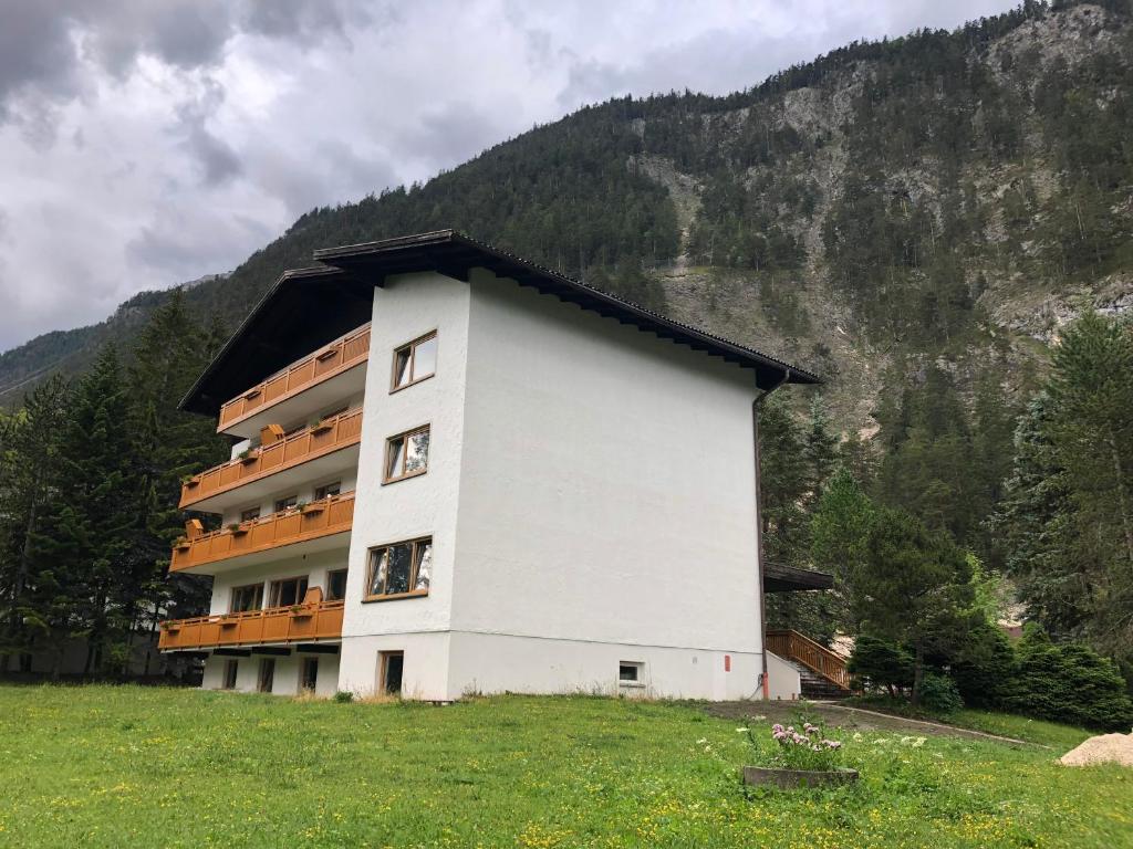 斯卡尔尼茨Karwendel-Lodge的山旁田野上的建筑