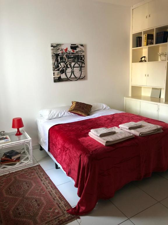 圣保罗Hostel Borba Gato的一间卧室配有一张带红色毯子的床