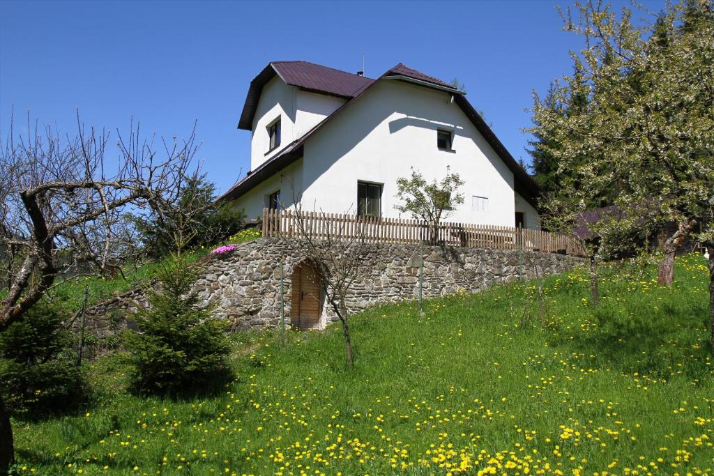 大卡尔洛维采Penzion Na Kopečku的石墙顶上的白色房子