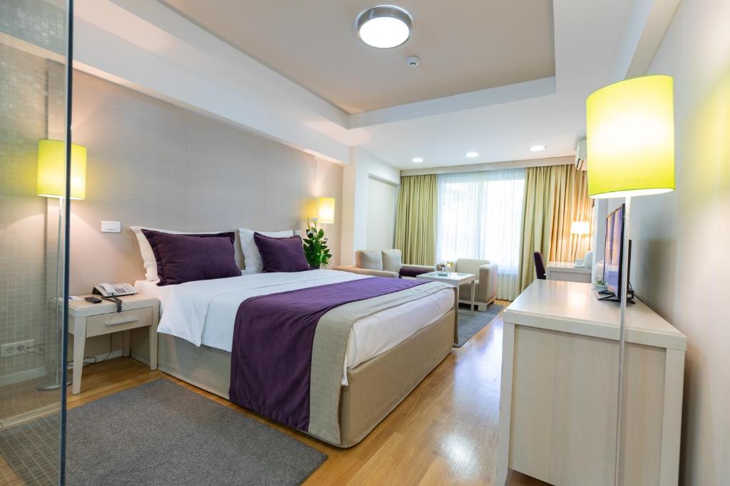 贝尔格莱德M酒店的酒店客房设有一张大床和一张书桌。
