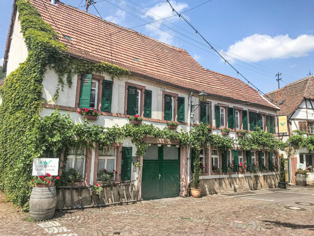 葡萄酒之路上的诺伊施塔特Fuxbau的一座古老的房子,设有绿门和常春藤