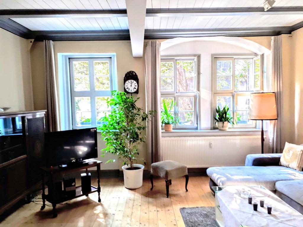 萨勒河畔瑙姆堡Schulmeisterhaus的带沙发和2扇窗户的客厅