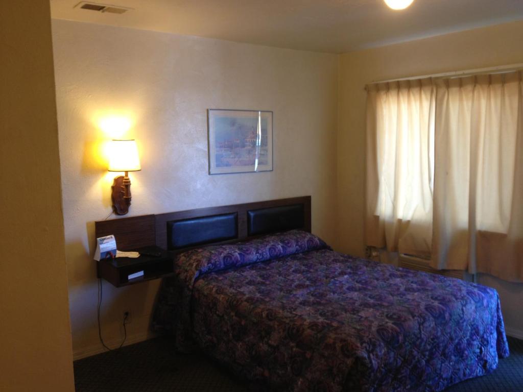 格林里弗巴基特预算旅馆的酒店客房,配有床和灯