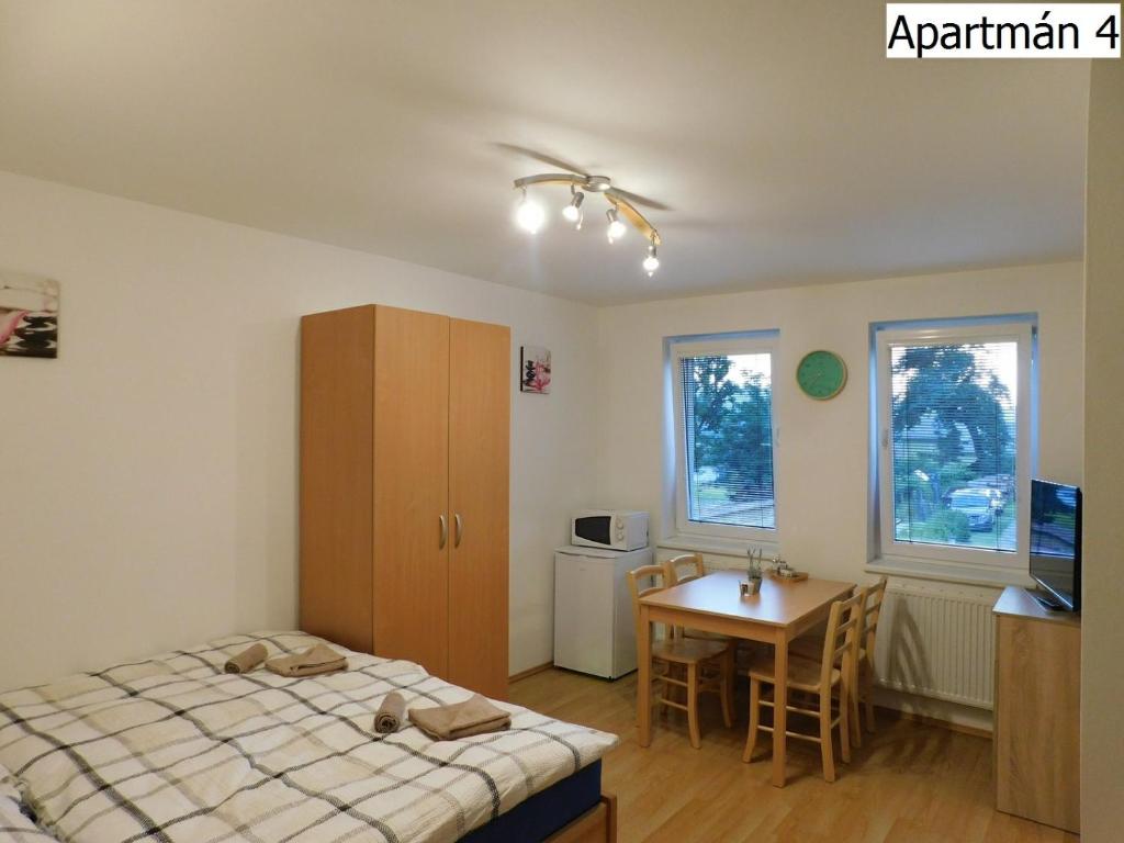 霍尼普拉纳Apartmány Horní Planá的一间卧室配有一张床、一张桌子和一张桌子