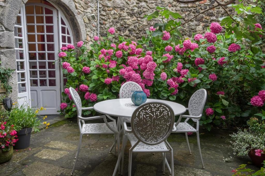 Saint-Lizierla Fadette的花园里的桌椅,花朵粉红色