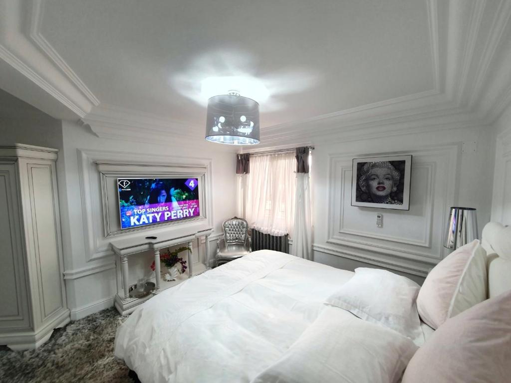 普洛耶什蒂President的卧室配有白色的床和电视