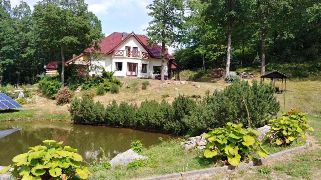 ZachełmieApartament Bukowy Las的山丘上的房子,前面有一个池塘