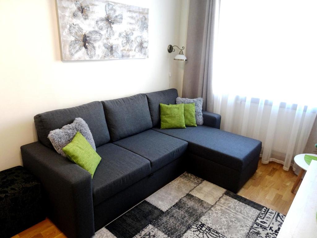 塔林Majaka Apartment的客厅配有蓝色沙发及绿色枕头