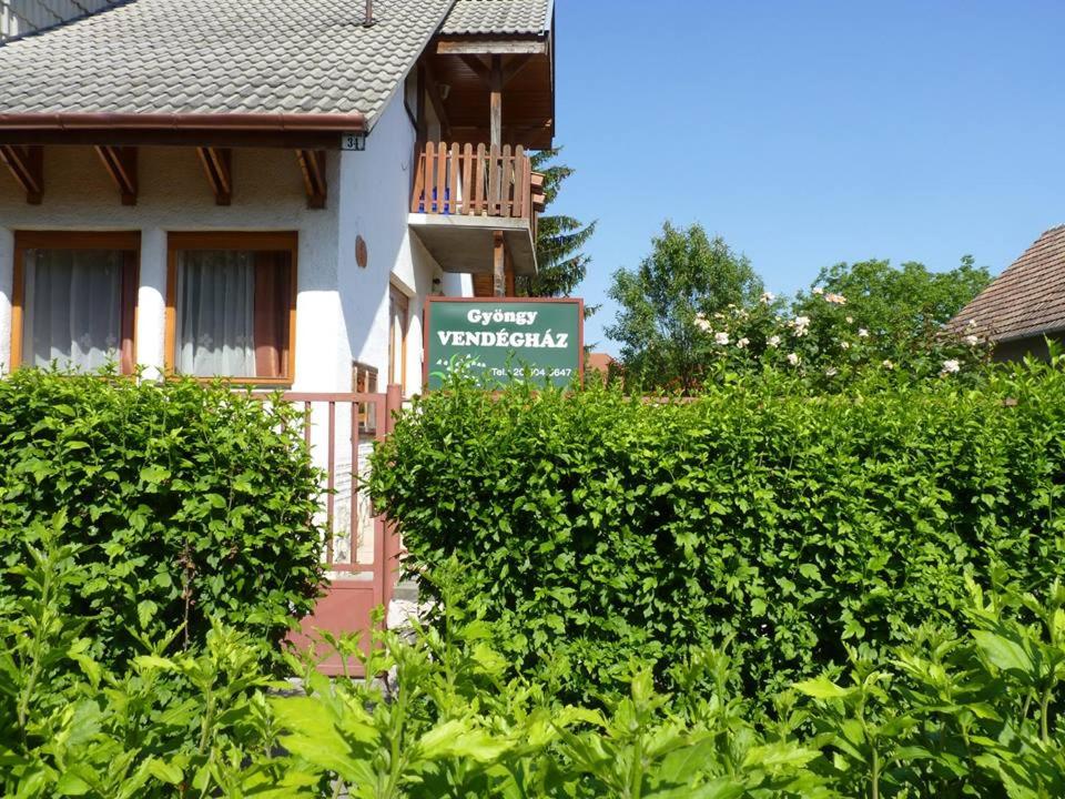 塞克萨德Gyöngy Vendégház的灌木丛房子前面的标志