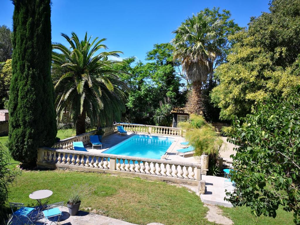博凯尔Le Mas des Agapes的棕榈树庭院内的游泳池
