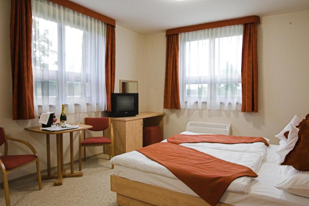 维斯普雷姆Völgyikút Ház的酒店客房配有一张床、一张书桌和一台电视。