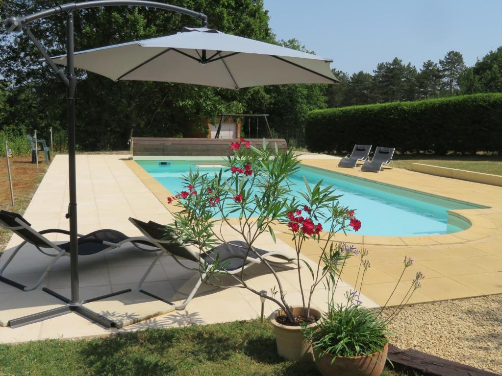 Saint-Martial-de-NabiratLe Coze的游泳池旁的遮阳伞和椅子