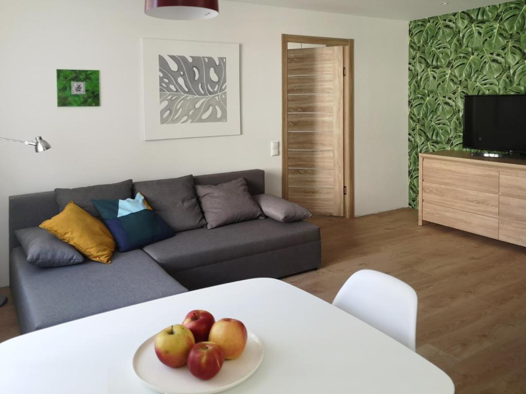 利耶帕亚Green leaf apartments的客厅配有沙发和苹果桌