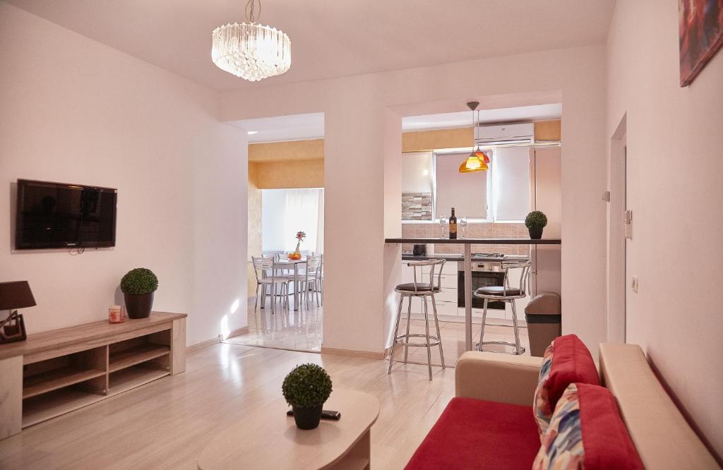 康斯坦察Gabizz Apartments的客厅以及带沙发和桌子的厨房。