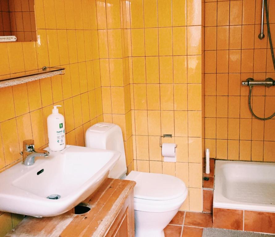 埃贝尔托夫特Ebeltoft Midtby的一间带水槽、卫生间和淋浴的浴室
