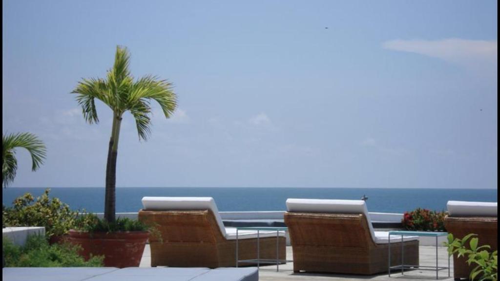 卡塔赫纳Penthouse Caribbean View and private pool, Cartagena的一张桌子和椅子,上面有棕榈树和大海
