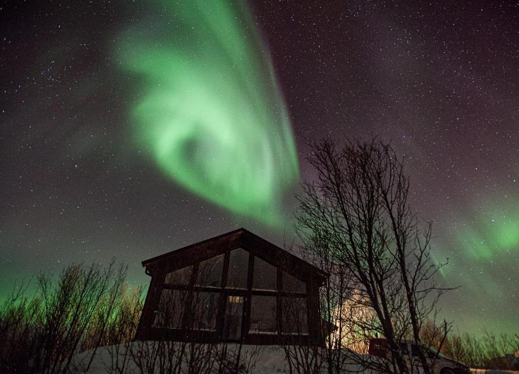 灵塞德Aurora View Cabin的空中的观察舱,有北极光