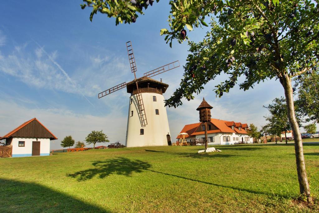 Bukovany布科万斯基米林酒店的田野上的风车,有房子和树