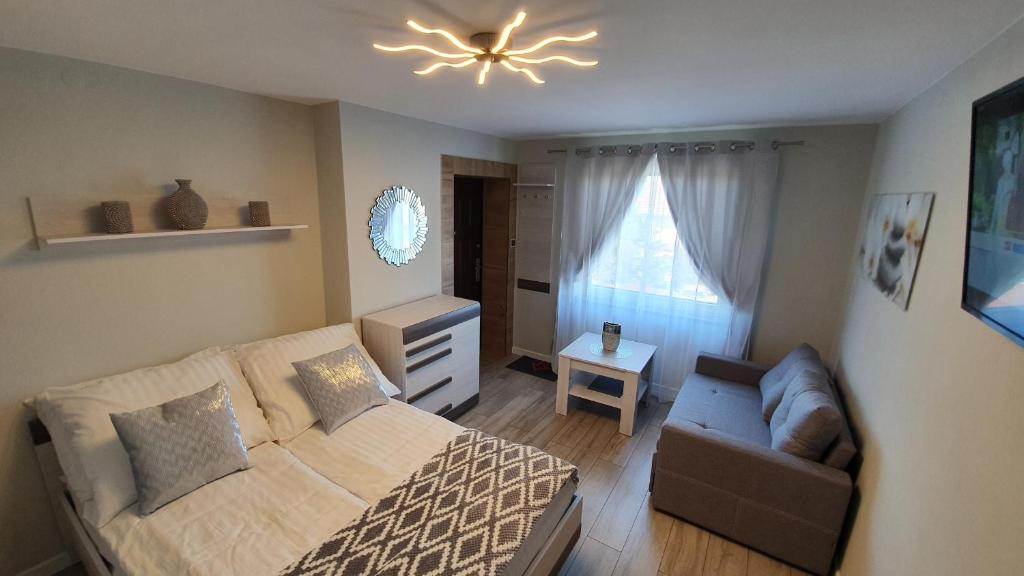 波兰尼卡-兹德鲁伊Pokoje Gościnne Mączyński的一间卧室配有一张床、一张沙发和吊扇。