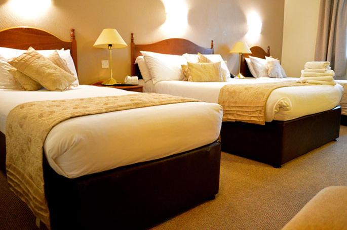库拉克洛Hotel Curracloe的酒店客房设有两张床和两盏灯。