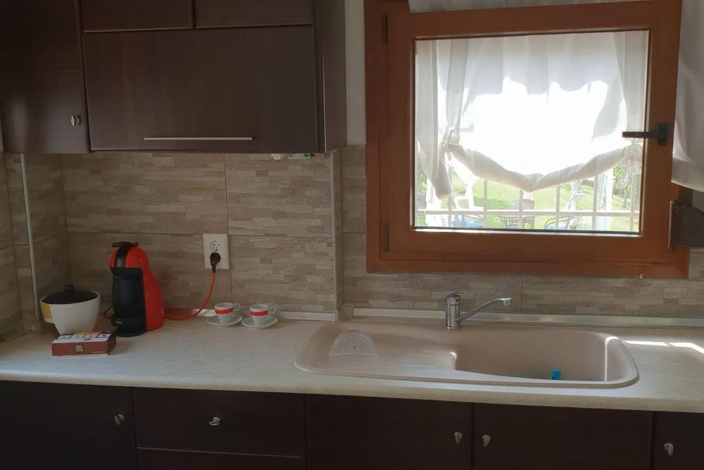 卡桑德里亚Maria's Luxury Apartment的带水槽的厨房台面和窗户
