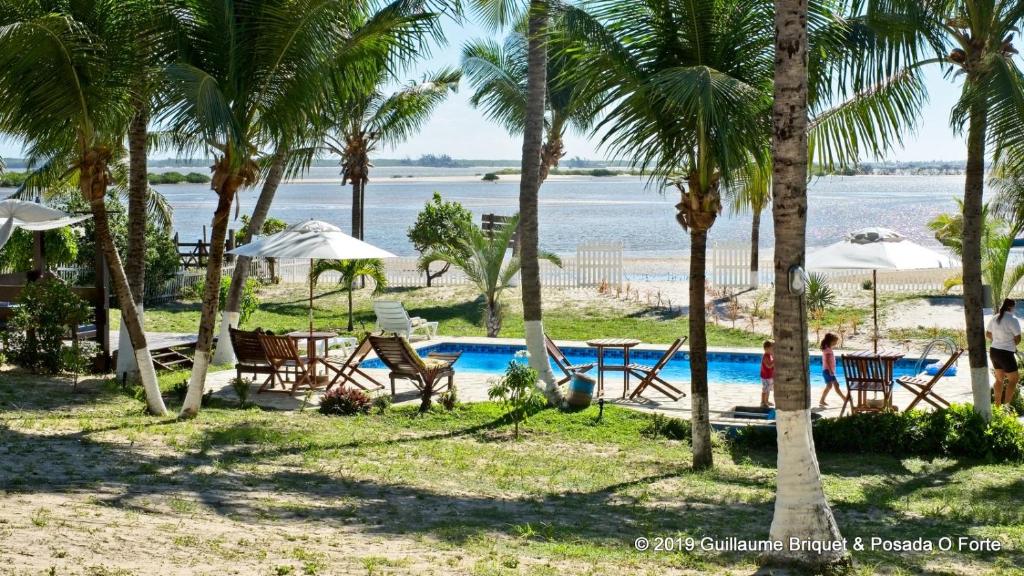 曼格斯塞克Pousada o Forte的一个带游泳池和棕榈树的度假村