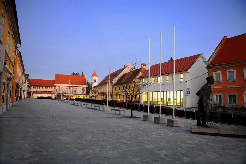 OrmozHostel Ormož的城市中拥有建筑物和雕像的街道