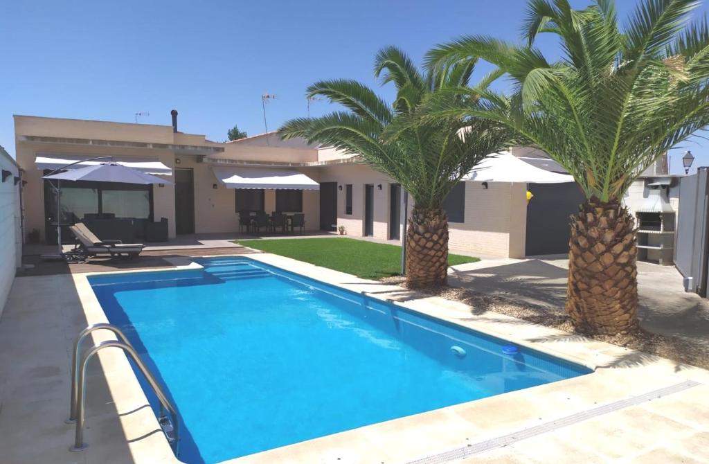 GálvezEl Tornadillo的一座房子前面的游泳池,两棵棕榈树