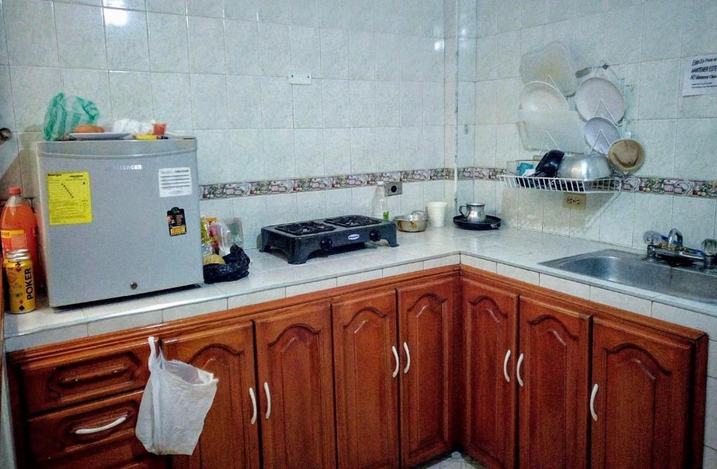 波哥大Hostel Casa Alb的厨房配有木制橱柜、水槽和冰箱。