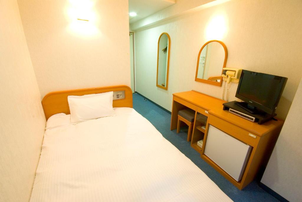 熊本GR水道町酒店的客房设有一张床、一张书桌和电视