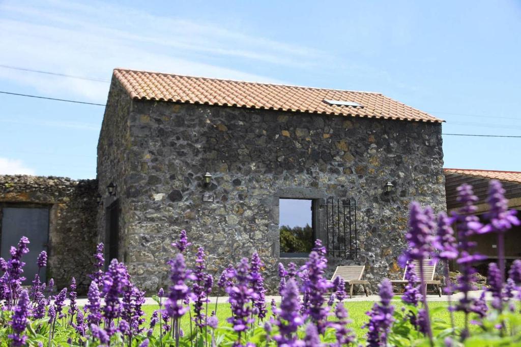 拉戈阿Azores Country Nature的一座石头建筑,前面有紫色的花朵