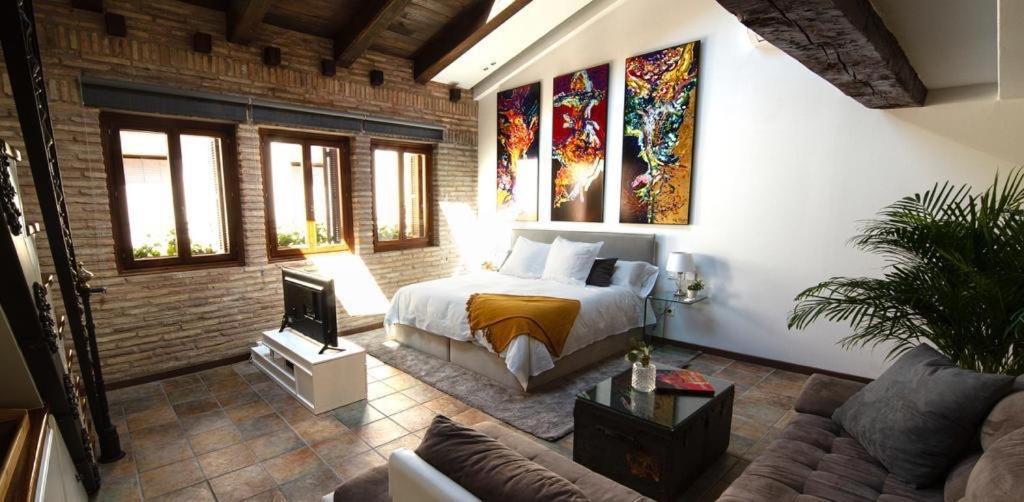拉瓜迪亚La Morada del Pintor EVI00178的一间卧室配有一张床和一个沙发