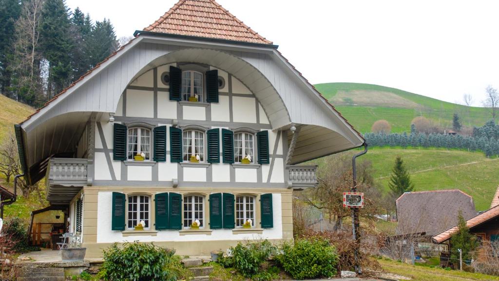 OberburgB&B tannen124的一座带绿色百叶窗的小房子
