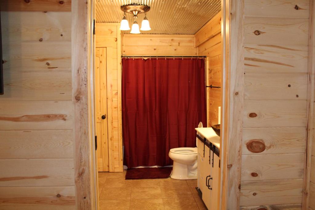 默弗里斯伯勒Samantha's Timber Inn的浴室设有卫生间和红色的淋浴帘