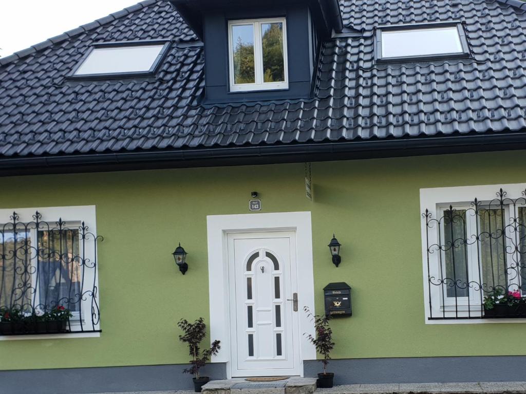 Hollenstein an der YbbsFerienhaus "Platzhirsch"的绿色的房子,有白色的门和窗户