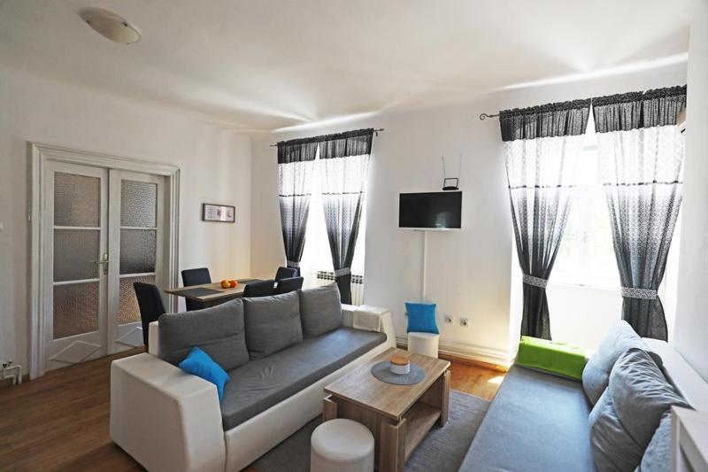 里耶卡ODEON Apartment And Rooms的客厅配有沙发和桌子