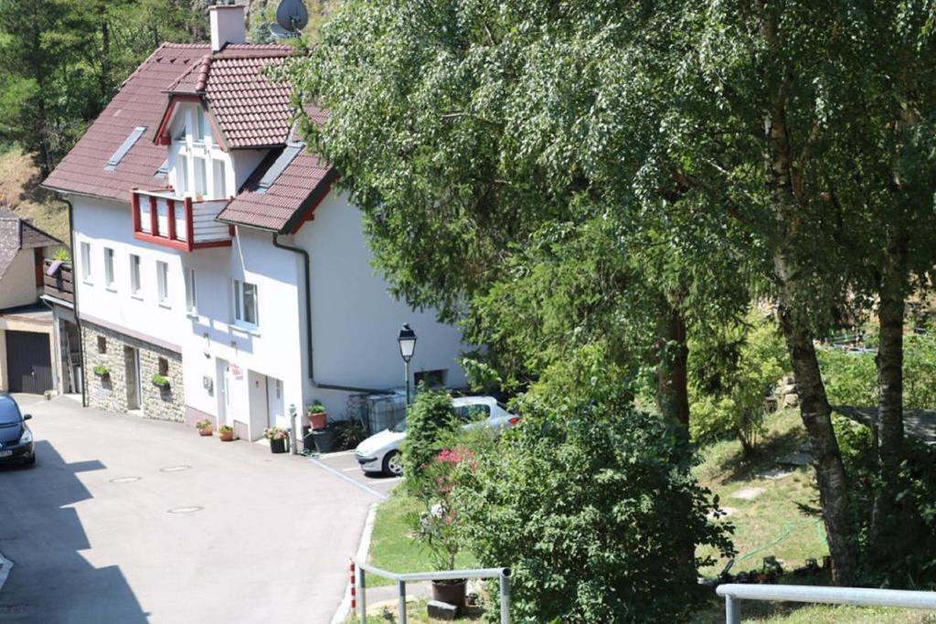 杜伦斯坦Gästezimmer Rolea的白色的房子,有红色的屋顶和街道