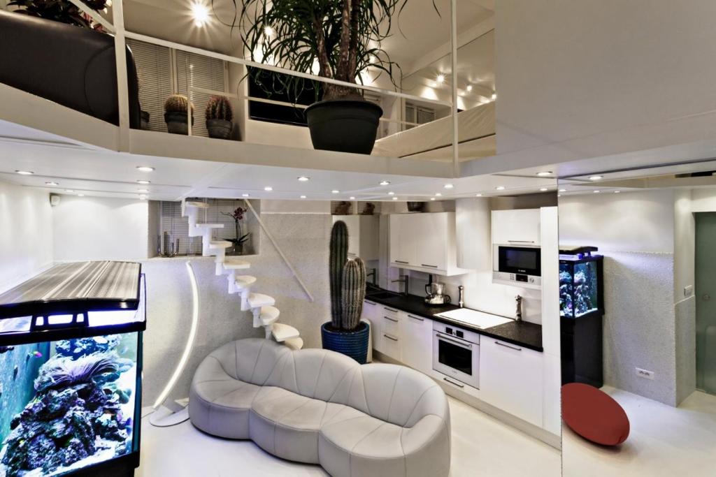 巴黎时尚豪华巴黎市中心复式公寓的一间带白色家具的客厅和厨房