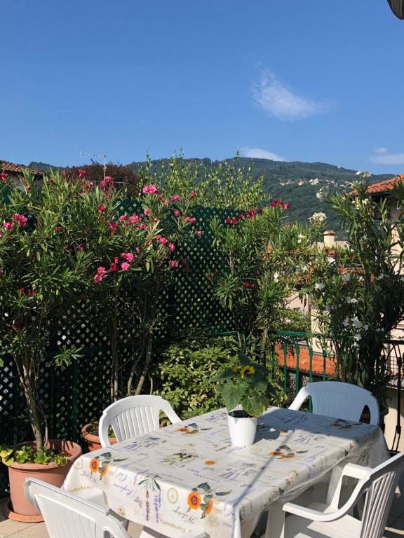 斯特雷萨La Terrazza degli Oleandri的鲜花庭院里的桌椅