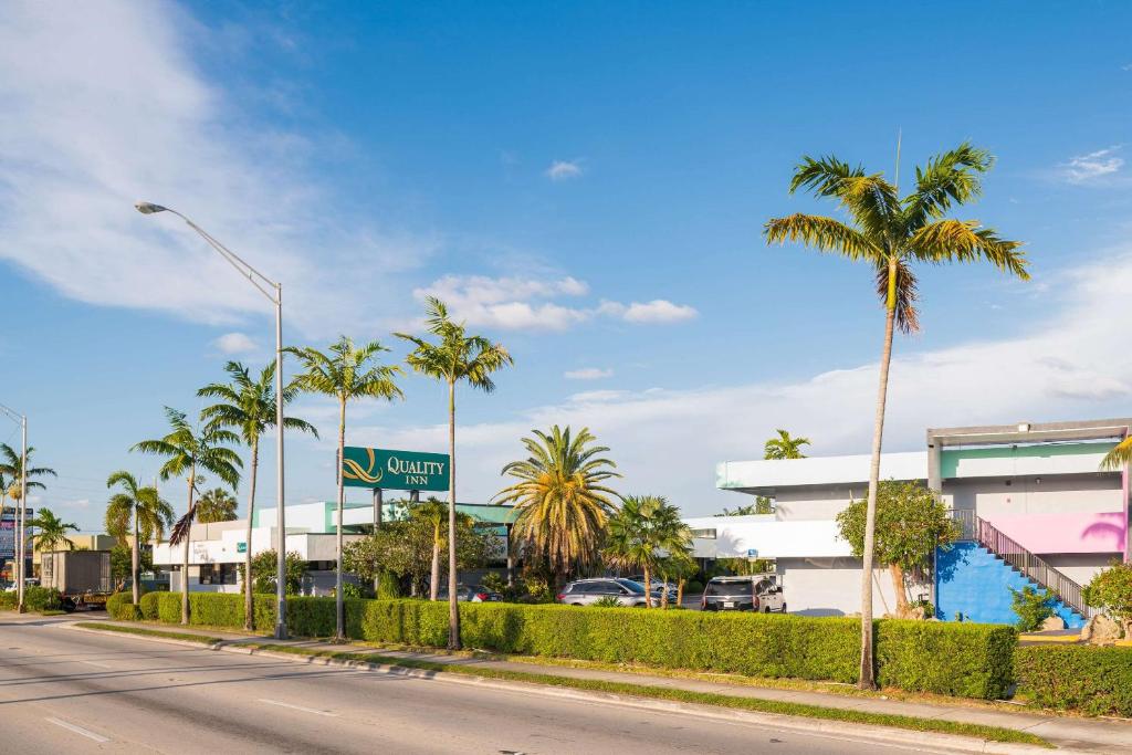 肯代尔Quality Inn Miami South的一条棕榈树在建筑前的街道