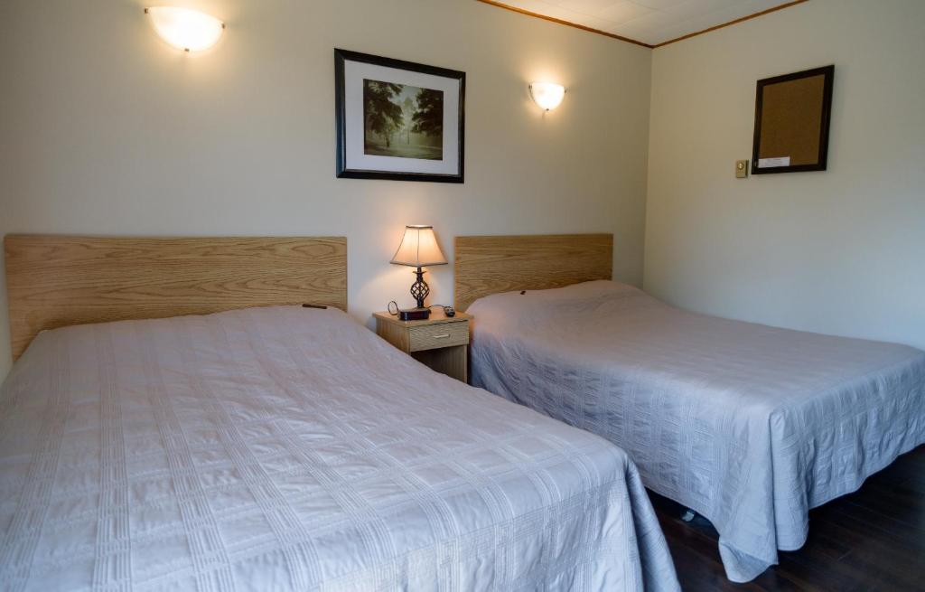 MontagueWinds Motel的酒店客房,设有两张床和一盏灯