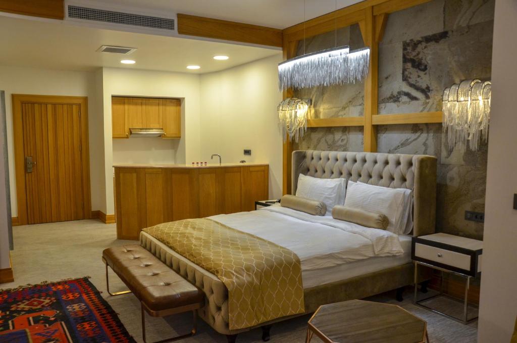 巴库Shirvanshah Hotel的一间带大床的卧室和一间厨房