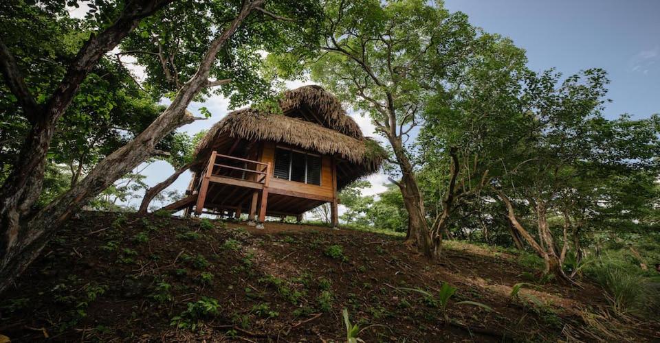 普拉纳维瑙Eco Venao Lodge, Playa Venao的山顶上茅草屋顶的房子