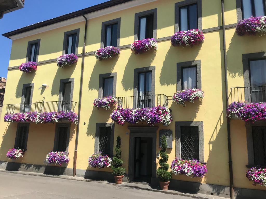 巴尼奥雷焦Hotel divino Amore的黄色建筑,窗户上放着花盒