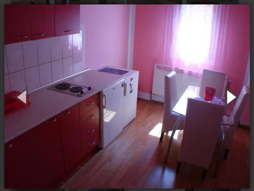 索科矿泉村Apartman Luka的厨房设有粉红色的墙壁和桌椅