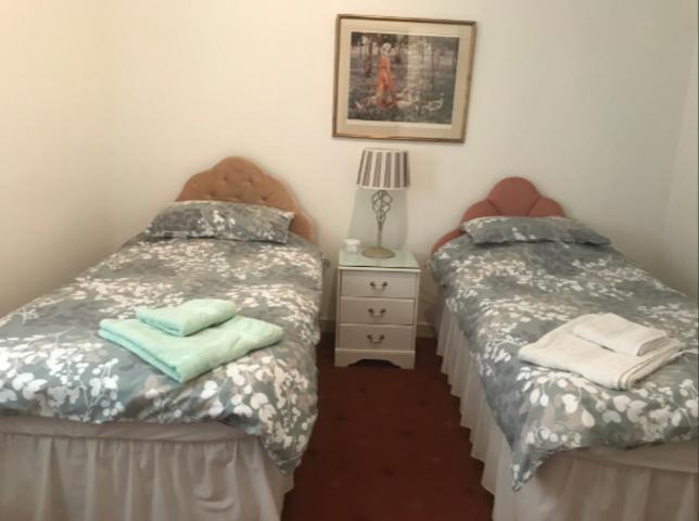 基尔马诺克The Clan Macfarlane Apartment的卧室设有两张单人床和床头柜