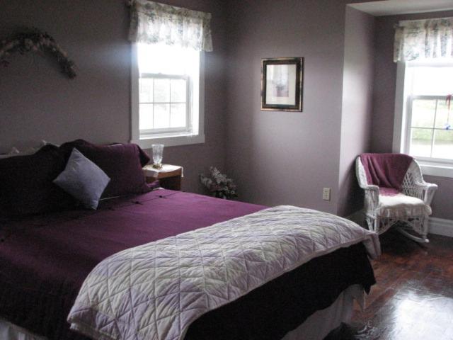 Pubnico雅阁海滩住宿加早餐旅馆的一间卧室配有一张紫色的床和两个窗户